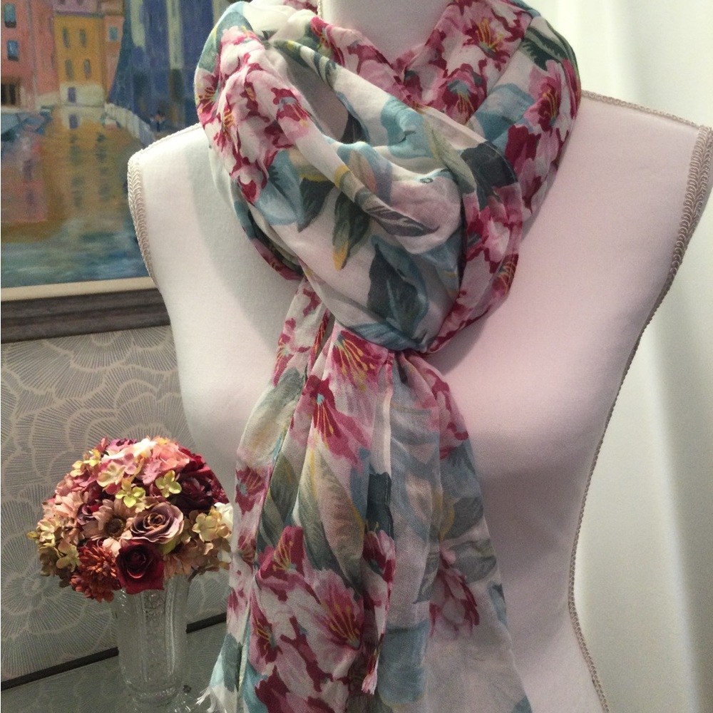 Floral Scarf with Pink and Green Accents